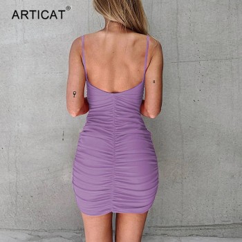 Sexy Spaghetti Strap Bandage Dresses For Women Backless Ruched Drawstring Bodycon Party Mini Dress